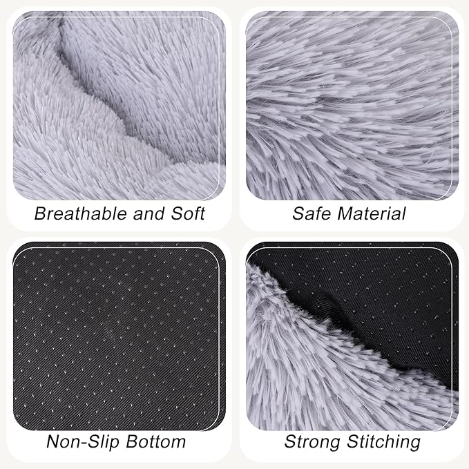 Calming Dog Bed, Dog Beds Fits up to 80 lbs Pets, Fluffy Donut Dog & Cat Bed Washable, Round Anti Anxiety Dog Bed, Small Dog Bed with Non-Slip Bottom (Light Grey, 36" x 36")