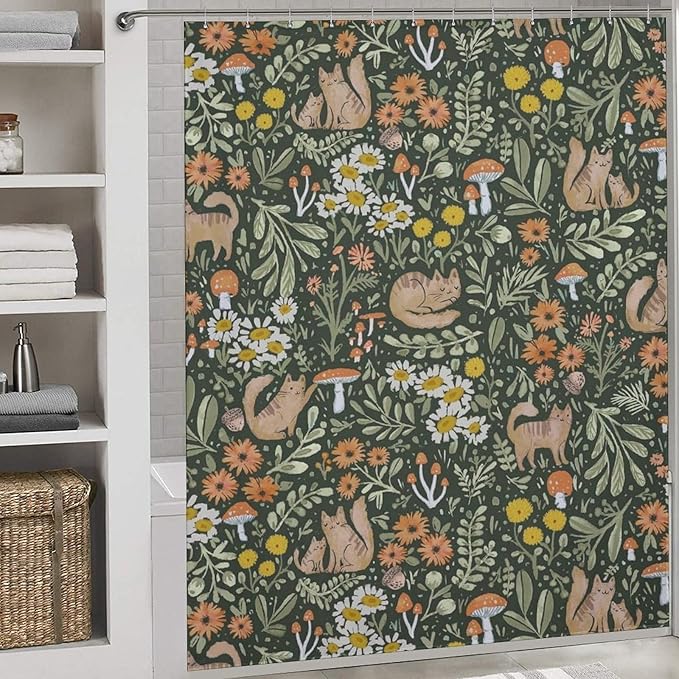 Cartoon Cute Forest Shower Curtains, Fairy Tale Mushroom Cat Flower Floral Leaf Green Pattern Decor Print Bath Drapes Set with Hooks, Waterproof Fabric Windows Treatment for Bathroom, 72x72in
