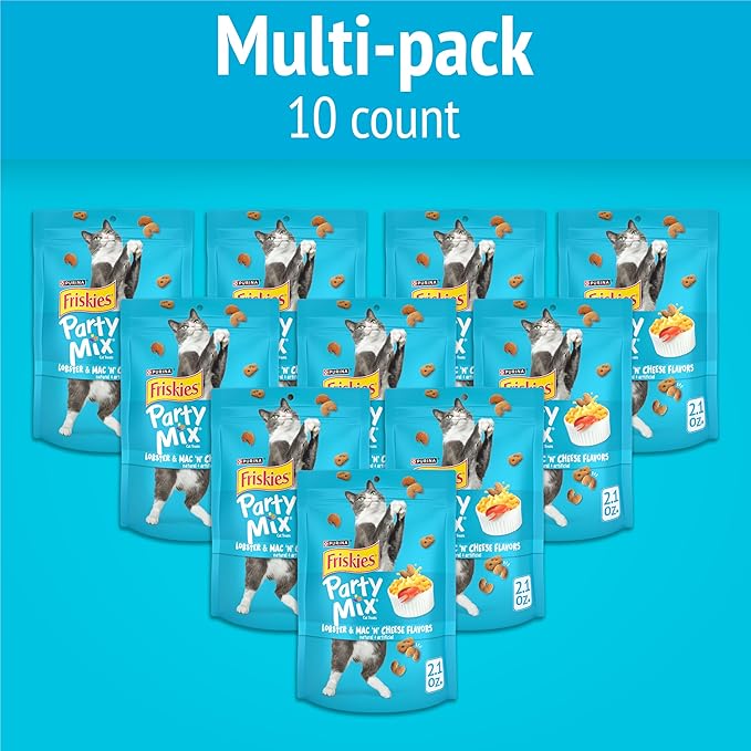 Purina Friskies Cat Treats, Party Mix Lobster & Mac 'N' Cheese Flavors - (Pack of 10) 2.1 oz. Pouches