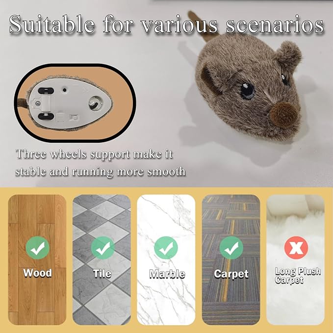 Cat Toys Squeaky Rechargeable Moving Mouse with Dynamic Magic Tail, Automatic Self Play Mouse Interactive Cat Toy for Indoor Cats, Kitten's Electric Multi-Mode Activated Mouse Toy (Brown)