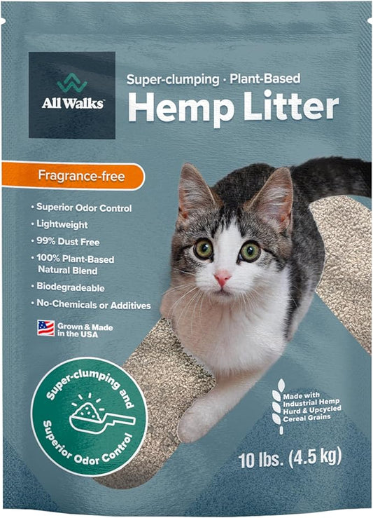 All Walks Plant Based Hemp Kitty Litter | 10 lb Bag | Super Clumping | Fragrance Free Kitty Litter | Odor Control for Cats