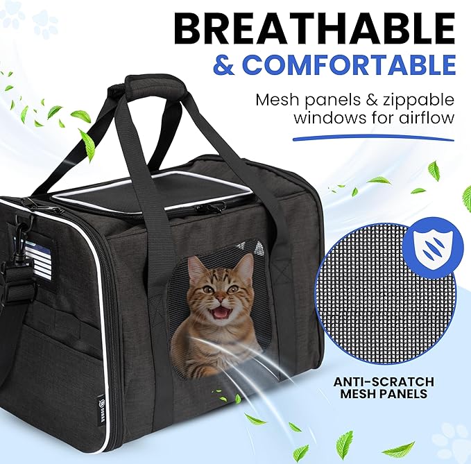 Airline-Approved Cat Carrier with Litter Box, 17x11x12” Soft Travel Litterbox up to 18 lbs Cats, Large Portable Carrier for Long Car Trips, Comes with Litter Scoop, Water Bowl, Pet ID & Cat Toy