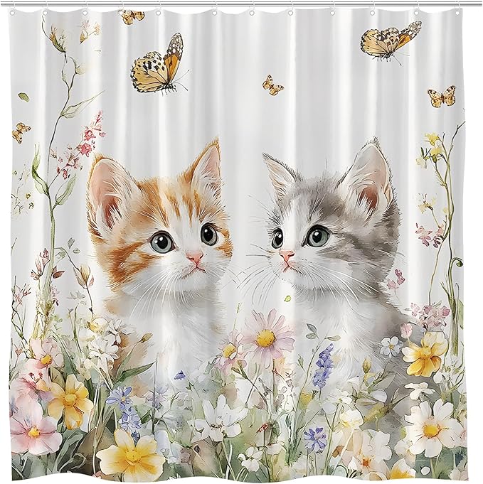 Butterfly and Kitten Floral Shower Curtain Cute Cat Spring Farmhouse Rustic Farm Animal Garden Cats Pet Lover Wildflower Bathroom Curtains Set Polyester Fabric with Hooks 80" W x 70" L