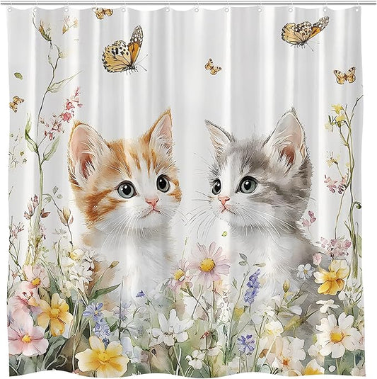 Butterfly and Kitten Floral Shower Curtain Cute Cat Spring Farmhouse Rustic Farm Animal Garden Cats Pet Lover Wildflower Bathroom Curtains Set Polyester Fabric with Hooks 80" W x 70" L