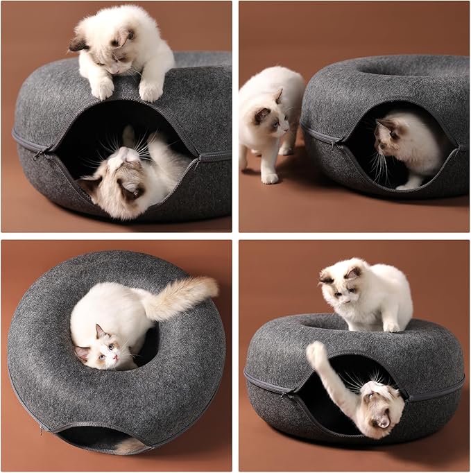 Cat Tunnel,Peekaboo Cat Cave Bed for Indoor Cats,Cat Donut Tunnel for Pet Cat House,Detachable Round Cat Felt & Washable Interior Cat Play Tunnel (20 Inch, Dark Grey)