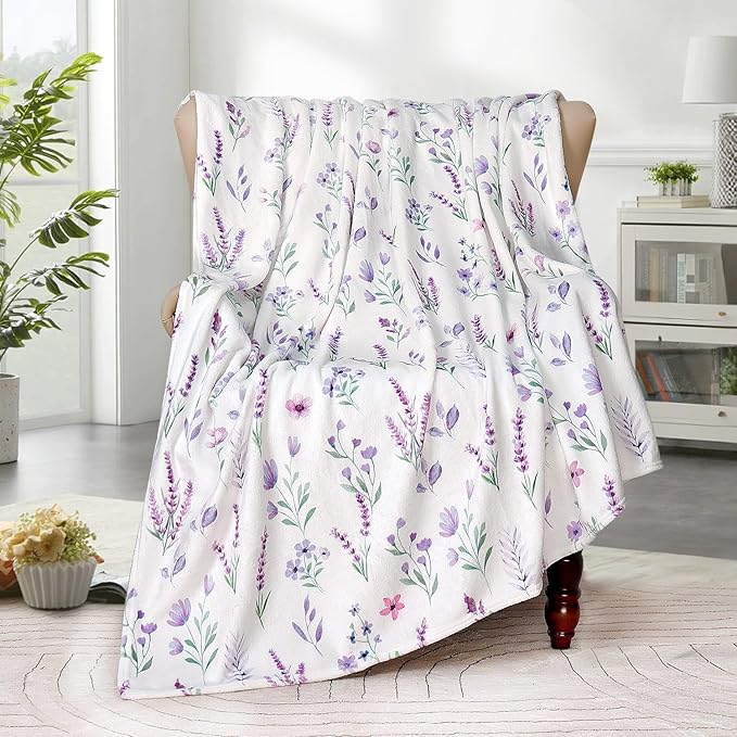 Purple Lavender Floral Throw Blanket Flower Botanical Throw Blankets Ultra Soft Cozy Flannel Throw Blanket Lightweight Fleece Fuzzy Plush Throw Blankets for Bed Chair Couch 60" X 80"