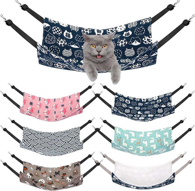 Barydat 6 Pcs Reversible Cat Hammock Bed 18.9 x 15 Inch Soft Breathable Pet Cage Hammock with Adjustable Straps Ferret Hammock Double Sided Cat Hammock Hanging for Kitten Puppy or Small Pet (Fabric)