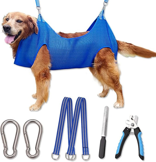 10 in 1 Pet Grooming Hammock Harness with Nail Clippers/Trimmer, Nail File, Comb,Dog Nail Hammock, Dog Grooming Sling for Nail Trimming/Clipping (XXL/Under 120lb, Blue)