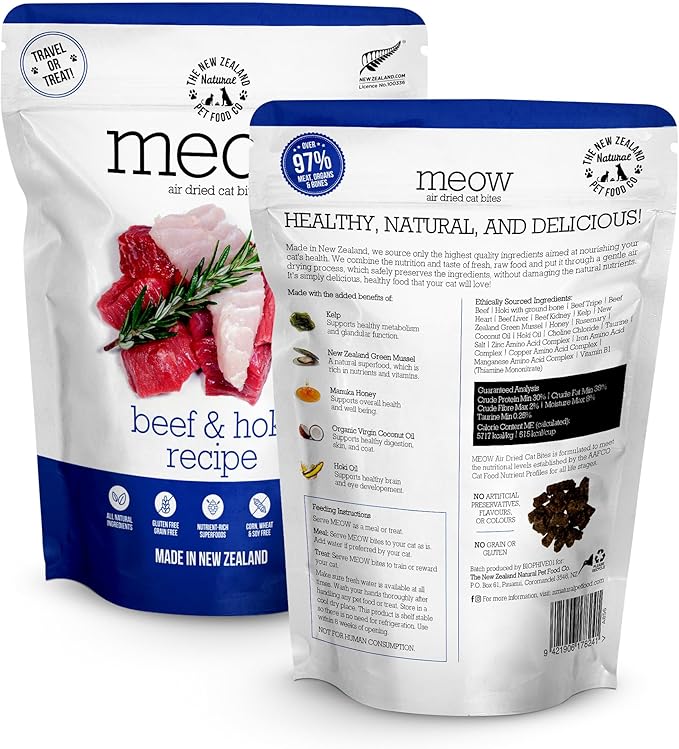 Meow Air Dried Cat Food - Beef & Hoki Recipe, High Protein Dry Cat Food Use as a Complete Diet, Topper, Mixer, or as Cat Training Treats, All Life Stages, 3.5 oz