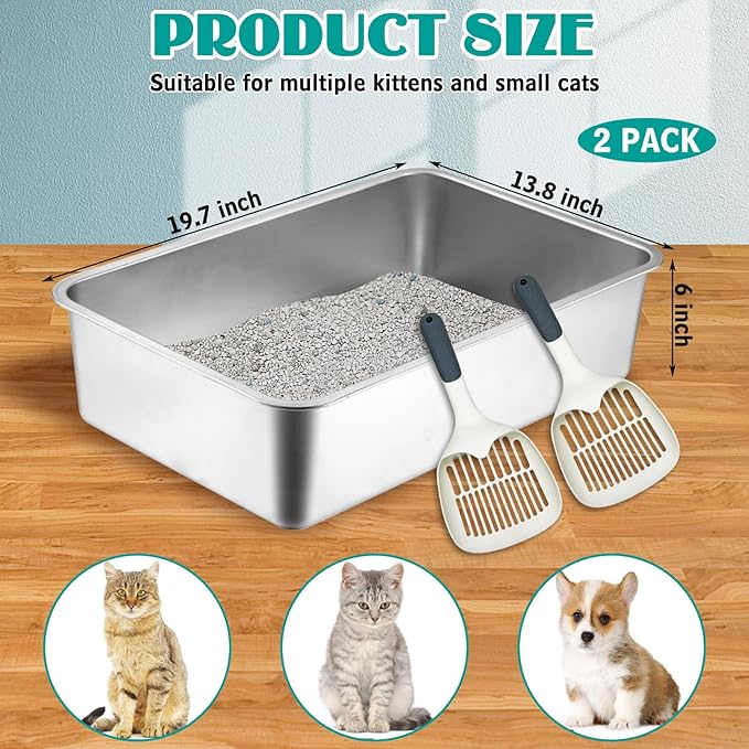 BNOSDM Stainless Steel Litter Box 2 Pack Large Metal Cat Litter Boxes with Litter Scoops, 6Inch Deep Pan Odor Control Non Stick Pet Toilet Litter Tray for Adult Cats (19.7x13.8x6 Inches)