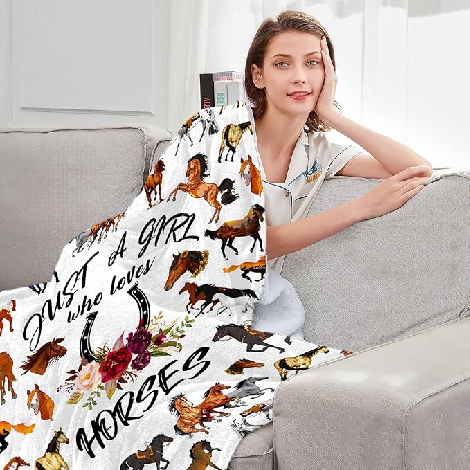 Horse Blanket,Horse Gifts for Girls Women, Just A Girl Who Loves Horses Blanket, Horse Lovers Birthday Gifts Decor Throw Blanket 80" x 60"
