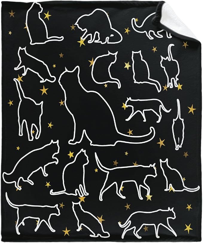 Khumbhira Black Cats Stars Blanket Cute Throws Gifts for Boys Girls, Kitten Decor Cat Plush Soft Lightweight Flannel Fleece Blankets Kawaii Bedding for Sofa Couch Chair 60x50In Teens