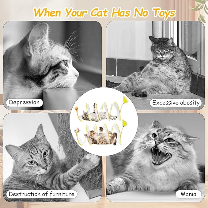 2 Packs Folded Cats Tunnel, Cats Tunnels Toy for Indoor Cats, Collapsible Cats Tubes Played Tunnel Spring Pet Cats Tunnel Bed Interactive Toys with Feather Mouse Hemp Ball for Kitten Yellow