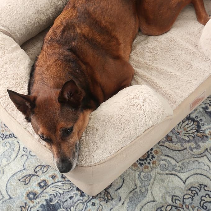 TOWN & COUNTRY EVERYDAY CuddleTown Comfy Solid Bolster Sofa Pet Bed, Supportive & Calming Egg Crate Foam, Water Repellent, Non-Slip Bottom, Machine Washable Cover, Beige, Medium 28"x23"x8"