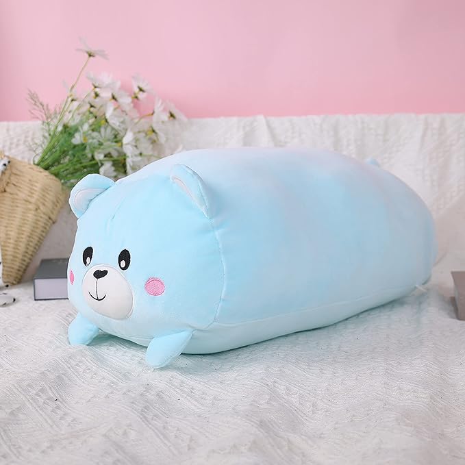 TemBe 23.6 inch Cute Large Bear Plush Stuffed Animal Pillow, Very Soft Squish Mellow Hugging Toy Gifts for Bedding, Kids Sleeping Cute Pillow (Blue Bear)