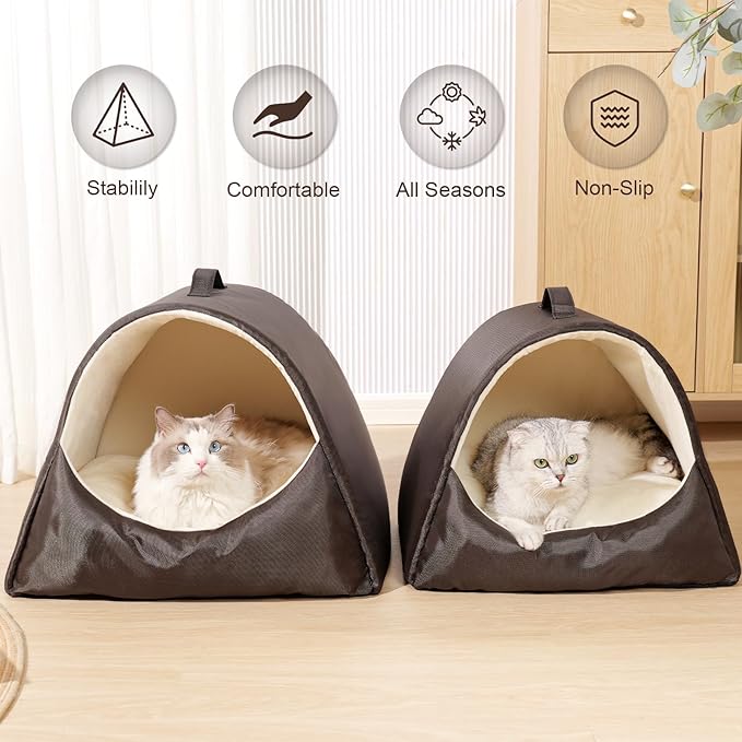Cat Cave Bed for Kittens and Small Pets, Cat Beds for Indoor Cats, Memory Foam Cat House Tent with Removable Washable Cushioned Pillow, Cat Hideaway with Non-Slip Bottom, Coffee, Medium