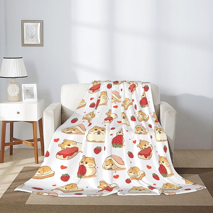 Hamster Strawberry Soft Throw Blanket Flannel Fleece Blankets Warm Cozy Lightweight Fuzzy Blanket for Bed Sofa Couch Home Decor 80"X60"