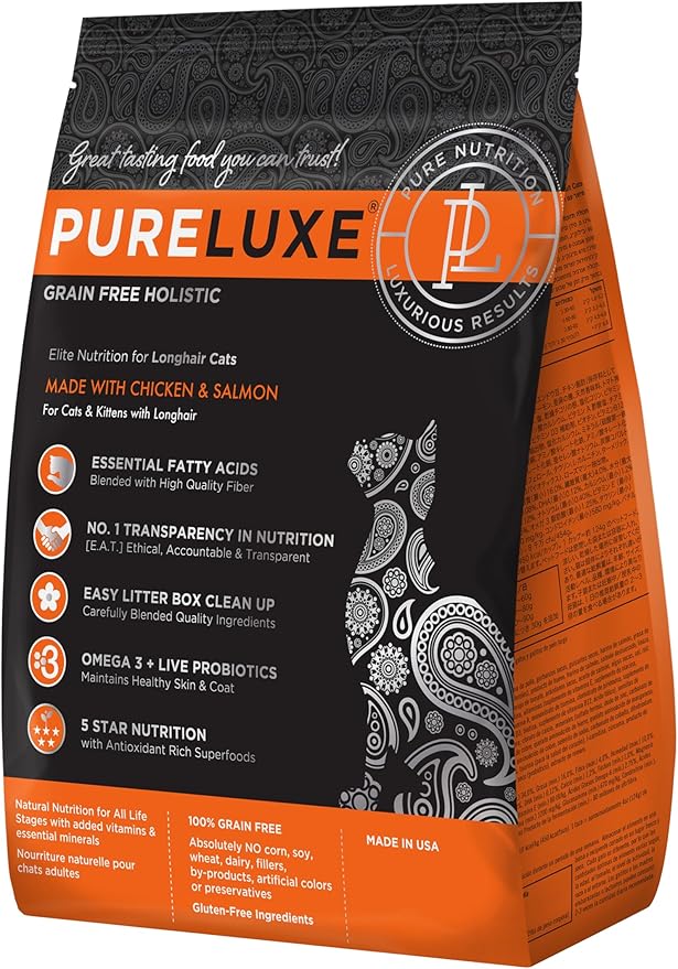 PURELUXE Grain and Gluten Free Cat Food, Long Hair Elite Nutrition, Chicken and Salmon, for Cats and Kittens with Longhair at All Life Stages and Breeds, Made in The USA, 11lbs