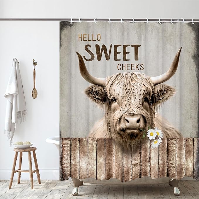 Highland Cattle Cow Bull Shower Curtains,Farmhouse Animal Rustic Country Shower Curtain for Bathroom,Western West Fabric Shower Curtain Set with Hooks Bath Decoration 72X84inches