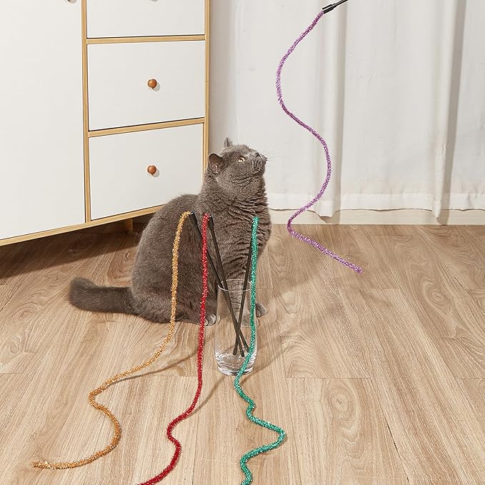 IUHKBH Cat Wands, 3 PCS Interactive Cat Teaser Wand String Plush Cat Toys Colorful Cat Teasing Stick for Cats, Kitties