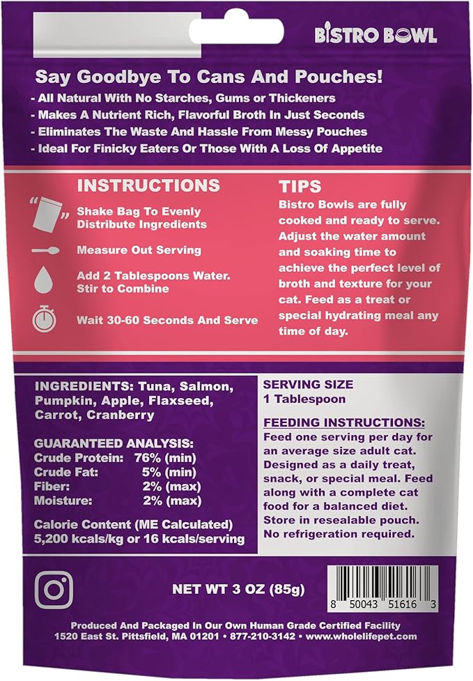 Whole Life Pet Freeze Dried Cat Food - Human-Grade Wet Cat Food Toppers, Natural Broth for Cats, Instantly Hydrating Cat Snacks, Lickable Cat Treats, Just Add Water - Salmon & Tuna, 3 Oz