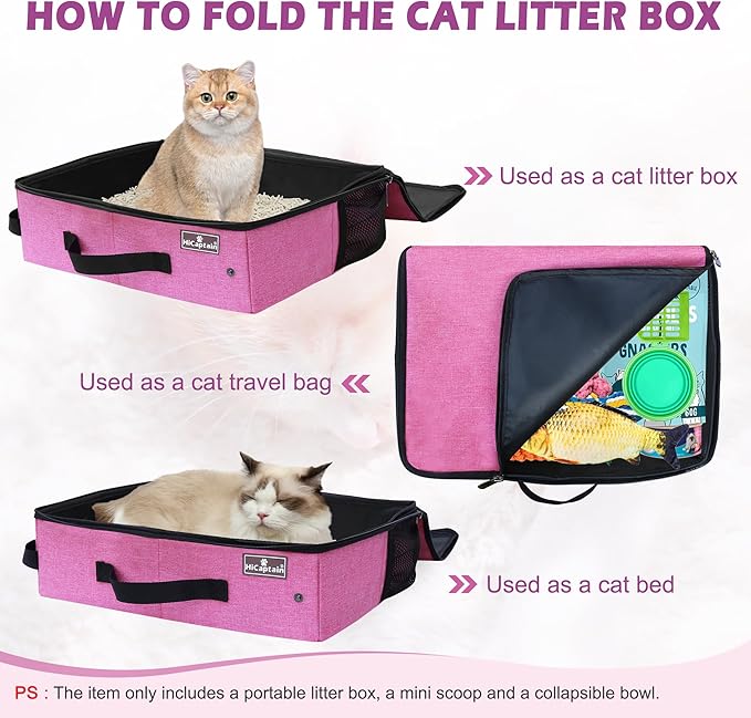 HiCaptain Portable Cat Travel Litter Box with Lid, Foldable Travel Litter Box in Car Designed for Medium Cats, Light Weight Leak-Proof, Waterproof, Easy to Carry - Pink