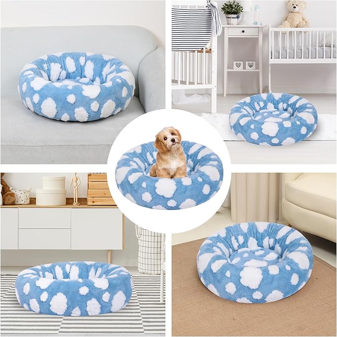 Calming Dog Bed, Dog Beds Fits up to 25 lbs Pets, Fluffy Donut Dog & Cat Bed Washable, Round Anti Anxiety Dog Bed, Small Dog Bed with Non-Slip Bottom (Blue, 24" x 24")