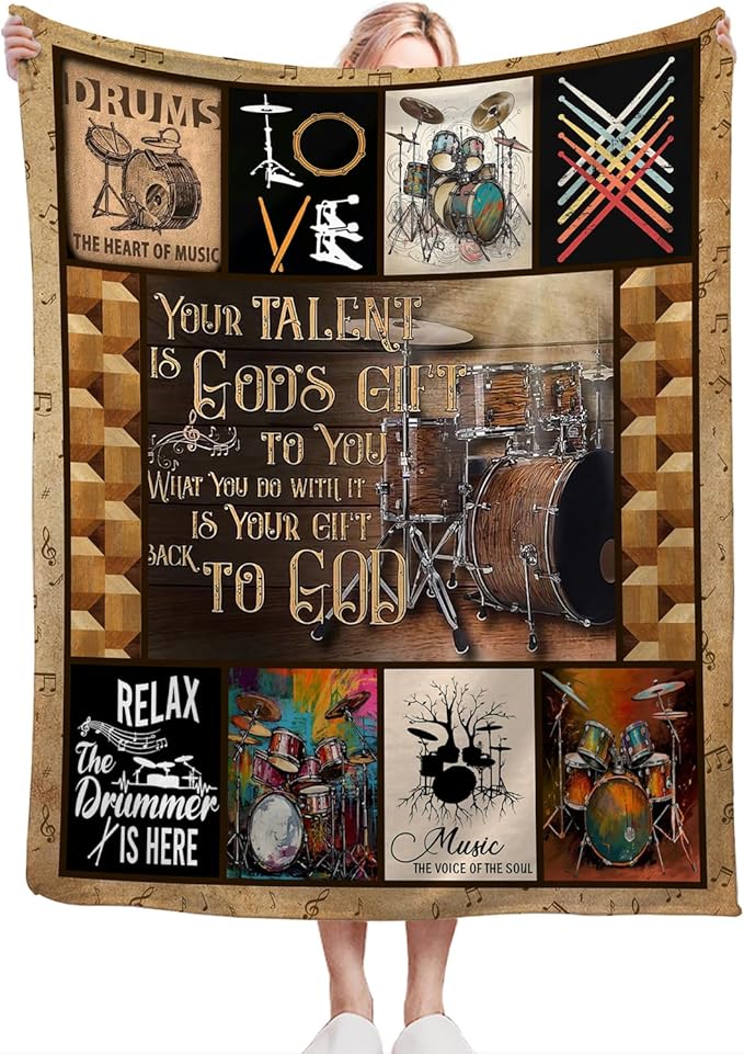 Rock Music Blanket Ultra Soft Cozy Drum Set Kit Throw Blanket Fleece Fuzzy Plush Bedding Vintage Musical Instrument Lovers Gifts for Women Girls Kids Adults 50"x40"