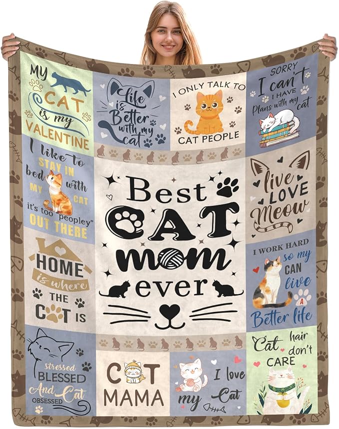 Cat Gifts for Women, Cat Mom Blankets 50x60 Inch, Cat Blanket for Women, Gifts for Cat Lovers for Mothers Day Christmas Thanksigiving