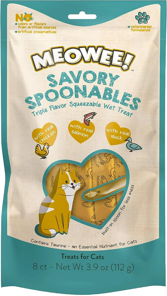 Savory Spoonables with Real Chicken, Salmon and Duck for Cats, 8 Count, Treat Your Cat to Triple Flavor Squeezable Lickable Wet Treats with Built-in Spoon for Less Mess