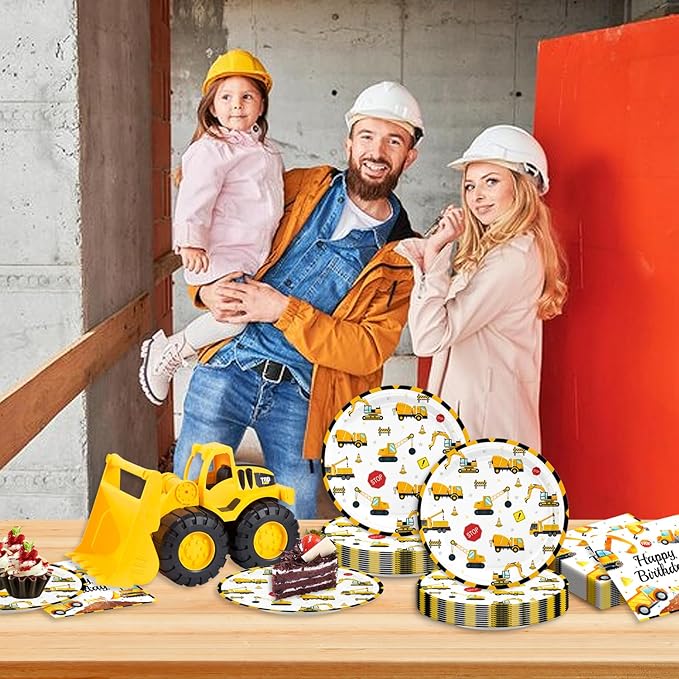 48Pcs Construction Birthday Party Supplies Excavator Trucks Theme Tableware Set Plates Napkins Forks Serves 16 Guests Construct Vehicle Baby Shower Birthday Party Decorations