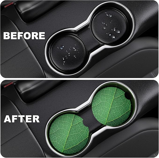 2 Pack Car Cup Holder Coaster, 2.63 inch Anti Slip Insert Absorbent Ceramic Car Coaster with Cork Base and Finger Notch, Cute Car Accessories Interior for Women, Cute Car Coasters., CH0025