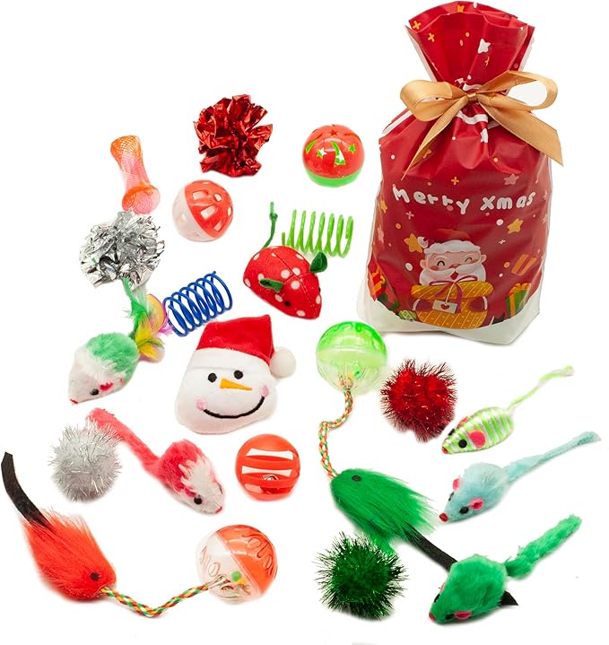 Fashion's Talk Christmas Cat Toys 20 Count Kitten Gift Bag, Holiday Variety Pack for Indoor Cats,Xmas Set Assorted Toys Interactive Play