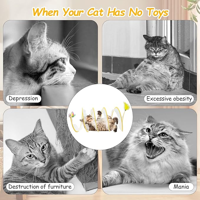 Folded Cats Tunnel Toy for Cats, Collapsible Cats Spring Tunnels Toy with Feather Mouse Toys, Played Tunnels Cats Tunnel Bed Tube Inside Cats, Interactive Cats Toy for Puppy Kitten