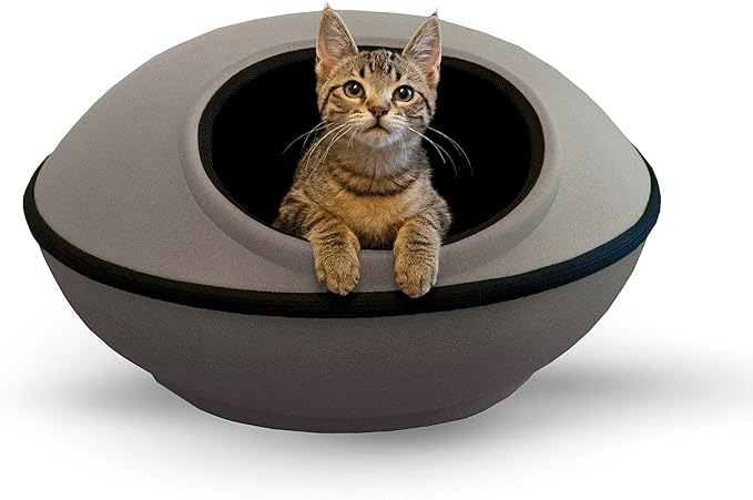 K&H Pet Products Unheated Kitty Mod Dream Pod Cat Bed for Large Cats, Indoor Cat Cave, Cat Mat Hideaway for Small or Large Cats and Kittens, Unheated Gray/Black 22 Inches