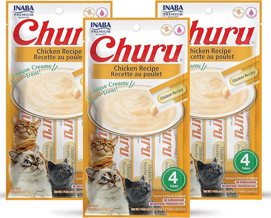 INABA Churu Cat Treats, Grain-Free, Lickable, Squeezable Creamy Purée Cat Treat/Topper with Vitamin E & Taurine, 0.5 Ounces Each Tube, 12 Tubes (4 per Pack), Chicken Recipe
