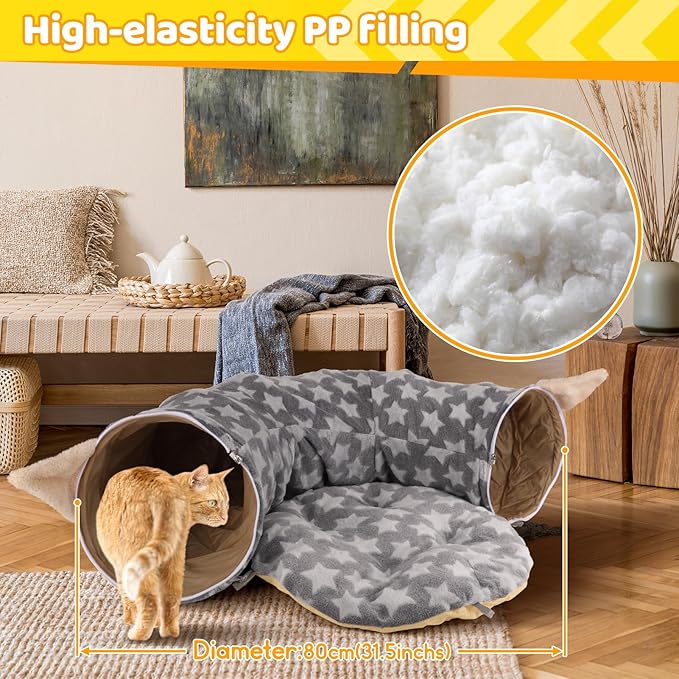 Cat Bed Tunnel Tree Skirt, Round Cave Donut Play Tunnels for Indoor Cats Large, 2 in 1 Soft Plush Mat and S Shape Collapsible Circle Tube with Zippers Hanging Ball Toy