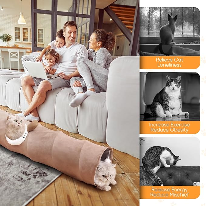 Collapsible Cat Tunnel 37.8in Straight Tube for Indoor Cats & Kittens Large Foldable Play Cave Toy with Hanging Ball & Peek Hole,Ideal for Rabbits, Ferrets, Puppies & Small Pets