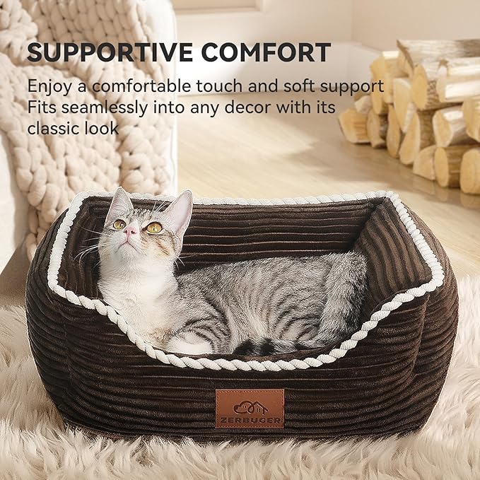Cat Dog Bed for Pets, Rectangle Pet Bed Gift for Puppy and Kitten, Machine Washable Calming Fluffy Pet Couch Sofa for Indoor Outdoor, Portable Soft Cat Bed with Non-Slip Bottom (Small, Brown)