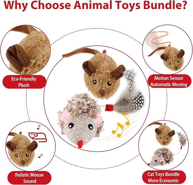 Gigwi Interactive Cat Toys Pack, Automatic Moving Mouse Electronic Cat Toys for Indoor Cats, Mouse Hunt Cat Toy for Kitten, 2 Pack (Brown Mouse & Hedgehog)