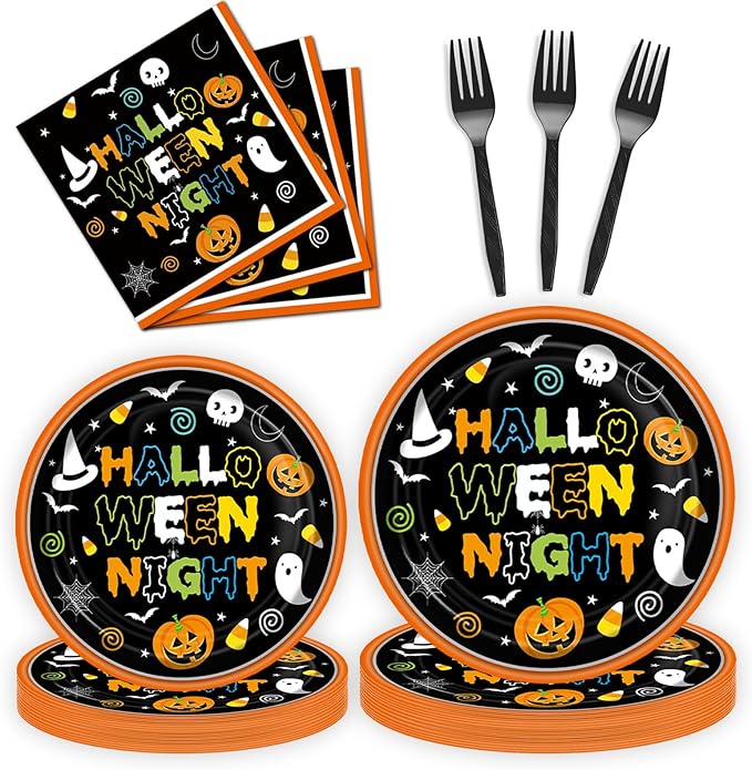 96 Pcs Halloween Paper Plates and Napkins Forks, Disposable Party Dessert Tableware Supplies Decorations Birthday Table Dinnerware Favors Set, Serves 24