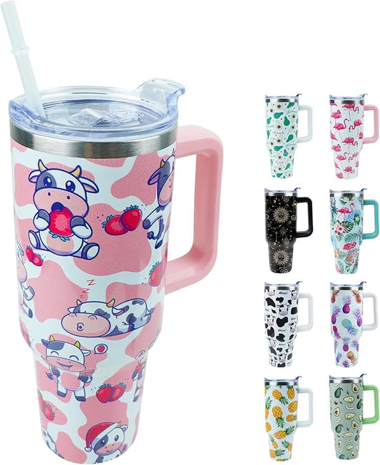 40 oz Tumbler with Handle and Straw, Stainless Steel Insulated Cup with Leak Proof Lid and Straw Lid, Keep Drinks Cold and Hot for Hours（Strawberry Cow）
