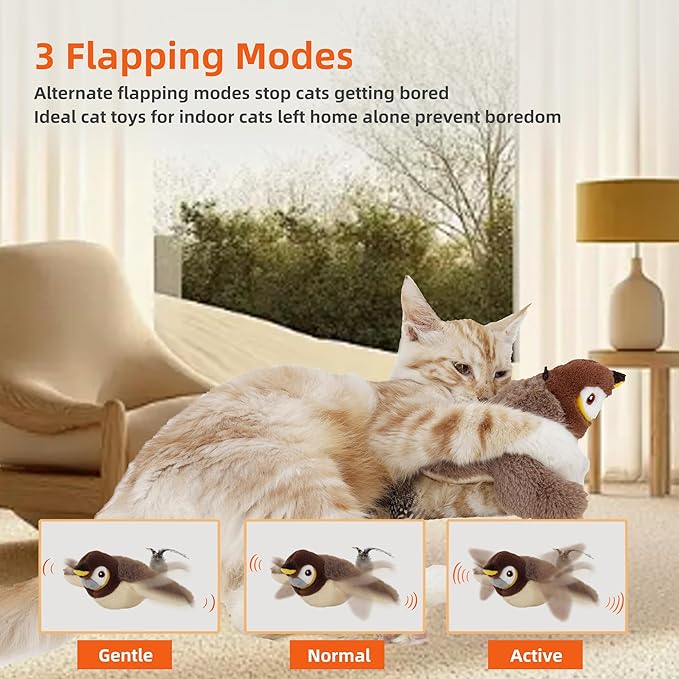 Flapping Bird Cat Toy, Rechargeable Lifelike Interactive Bird Cat Toys for Indoor Cats, Flapping Wings & Lively Chirping, Automatic Catnip Toys for Kitten Self Play Touch Activated (Sparrow)
