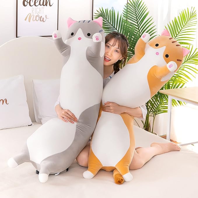 Plush Cat Soft Kids Plush Toy Pillow Plush Long Cotton Kitten Cuddly Toy Stuffed Animal Toy Gift for Kids Girlfriend(Gray, 130cm/51.2in)