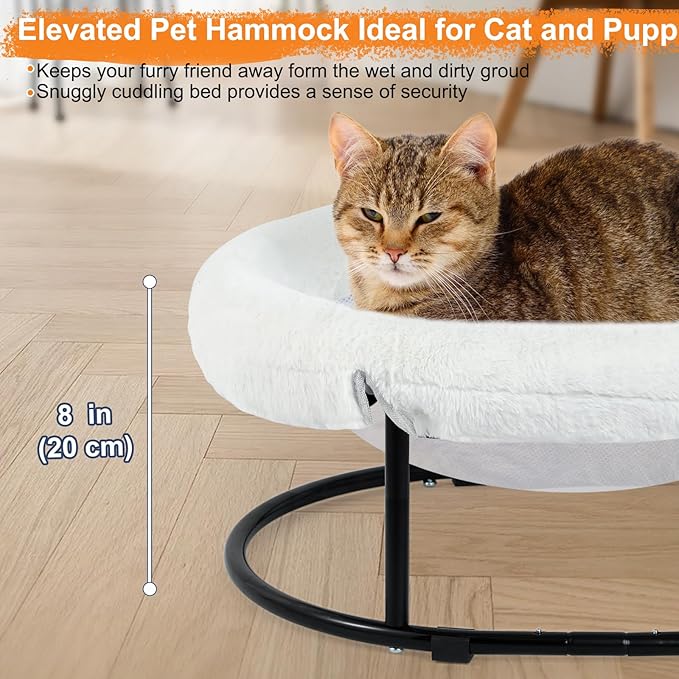 Cat Bed Elevated Cat Hammock for Indoor Outdoor Large Cats,Cat Dog Raised Pet Bed Stable & Breathable Easy Assembly,Small Outdoor Cat Bed for Sleeping Kittens Dog Oval Cat Hammock with Toy Ball,White