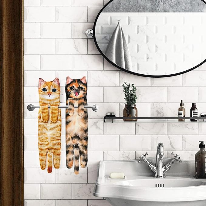 Cat Funny Hand Towels for Bathroom Kitchen- Cute Decorative Kitten Decor Hanging Face Towels- Unique Housewarming Valentines Mothers Birthday Gifts for Women Mom Cat Lovers