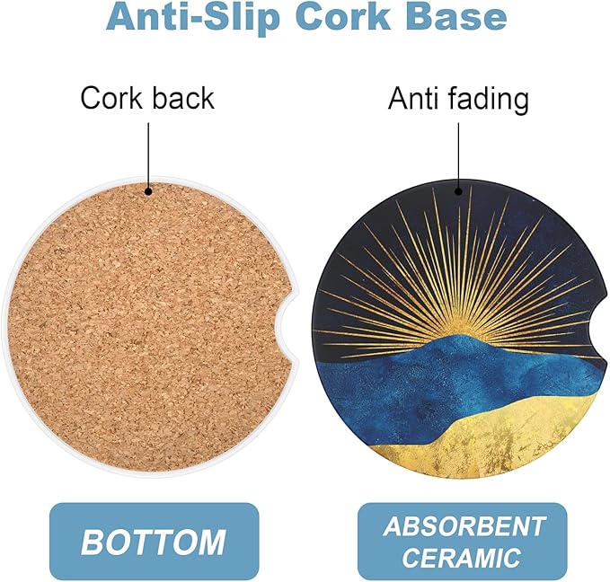 2 Pack Car Cup Holder Coaster, 2.63 inch Anti Slip Insert Absorbent Ceramic Car Coaster with Cork Base and Finger Notch, Cute Car Accessories Interior for Women, Cute Car Coasters., Rays
