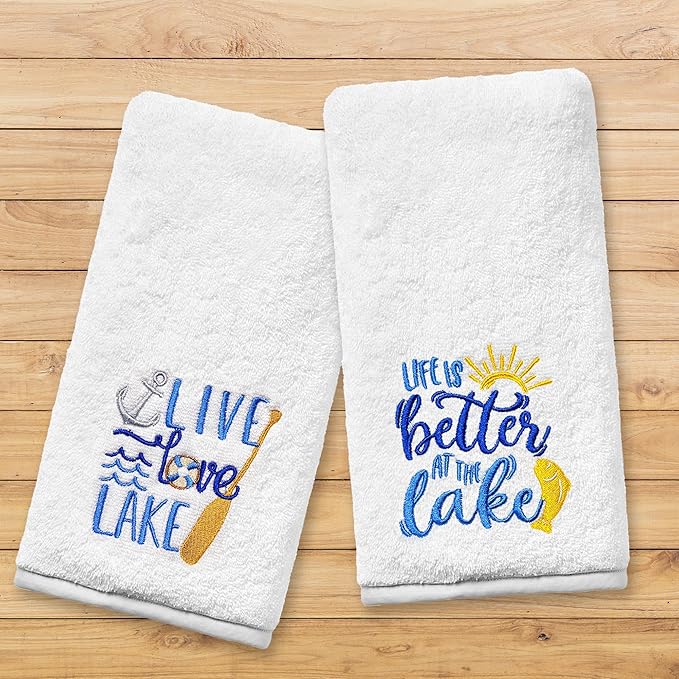 Lake Hand Towels for Bathroom Set of 2, Embroidered House Gifts Decor, Life Decorative New Home Tea Towels, 100% Cotton Soft Kitchen Towels 14x30 Inches