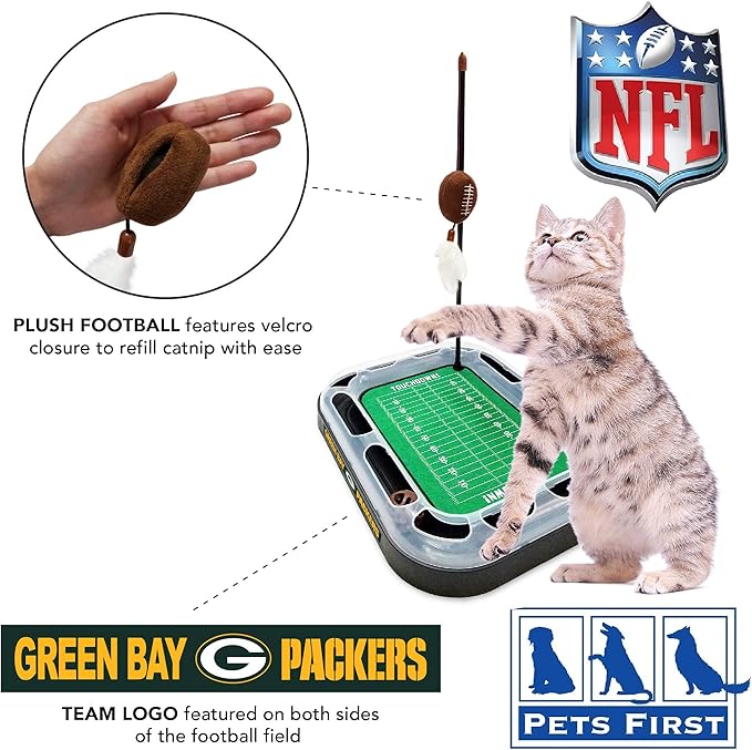 Cat Toy Pets First NFL GREEN BAY PACKERS FOOTBALL FIELD CAT SCRATCHER TOY with CATNIP Filled Plush FOOTBALL Toy&Feather Cat Toy hanging. + A Jingle Bell INTERACTIVE BALL Cat Chasing 5-in-1 KITTY Toy