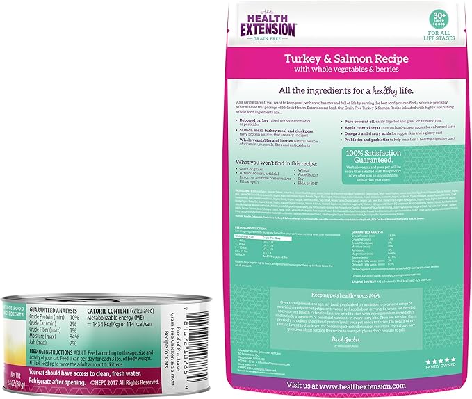 Health Extension Cat Health and Maintenance Bundle - Enzymatic Stain & Odor Remover (32 Oz), Wet Cat Food Canned Chicken & Salmon Recipe (2.8oz), Dry Cat Food Turkey & Salmon Recipe (15 Lbs)